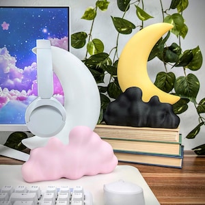 Soporte para auriculares para juegos Kawaii con forma de luna y nube: bonita decoración de oficina: accesorios para jugadores
