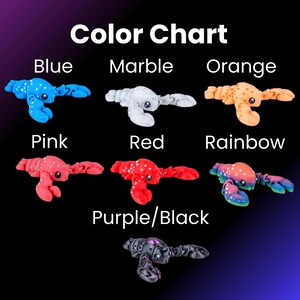 May include: Colour chart showing ten different colours of lobster-shaped plush toys. The colours are blue, marble, orange, pink, red, rainbow, purple/black.