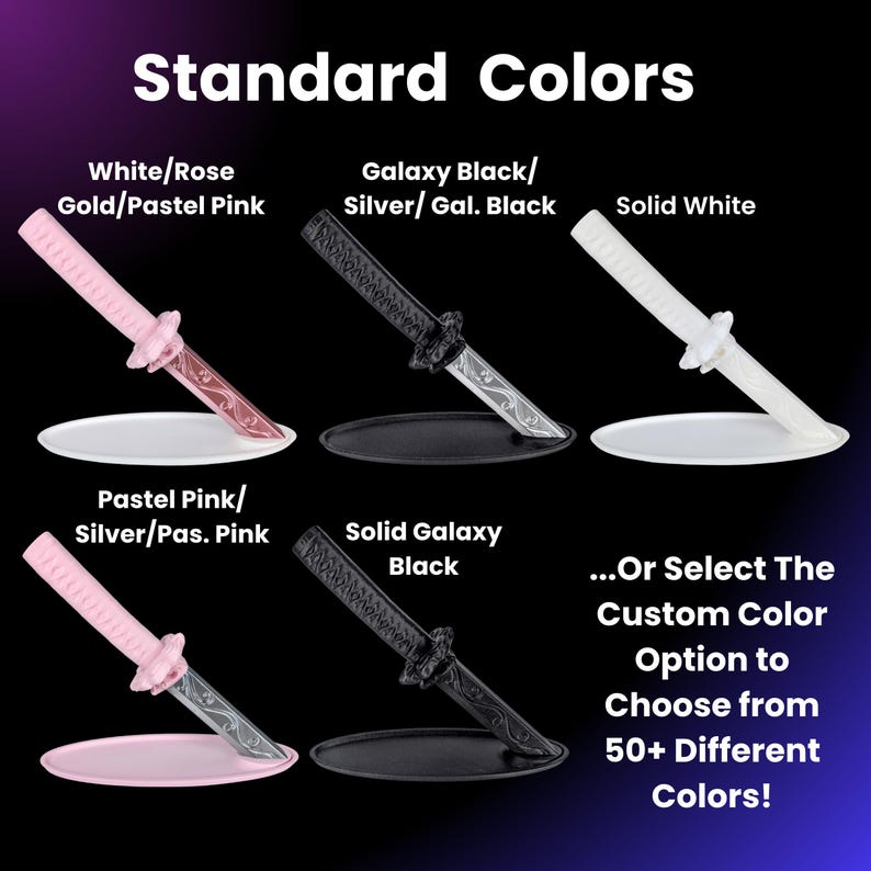 May include: An image showcasing miniature decorative katana knives in various colors, including pink, black, and white. The text "Standard Colors" is at the top, with options like "White/Rose Gold/Pastel Pink" and "Galaxy Black/Silver/Gal. Black".
