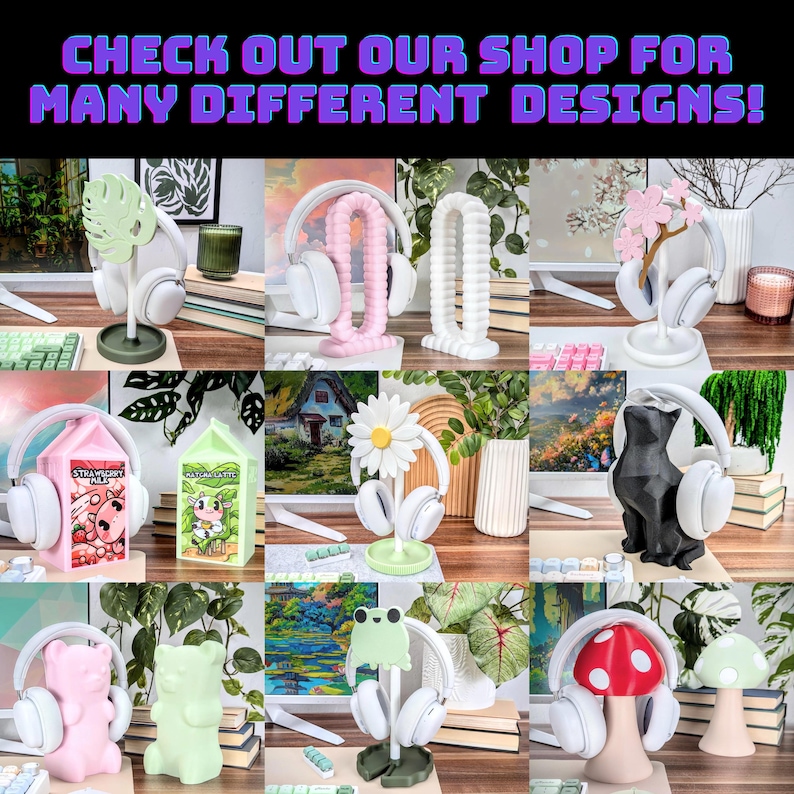 May include: A collage of images showcasing various headphone stands. The stands feature different designs, including a monstera leaf, a daisy, a cartoon frog, a mushroom, a milk carton, and a cat. The stands are made of 3D printed plastic and are available in a variety of colors.