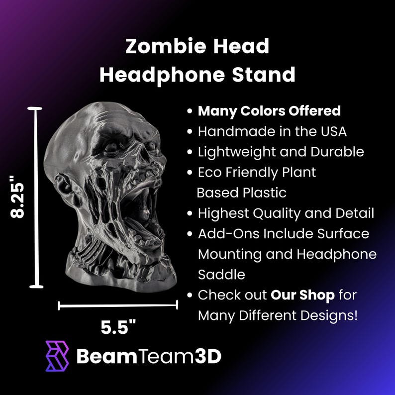 Zombie Head Headphone Stand - Bust Headset Holder - Horror Gamer Gift - Desk Decor image 2