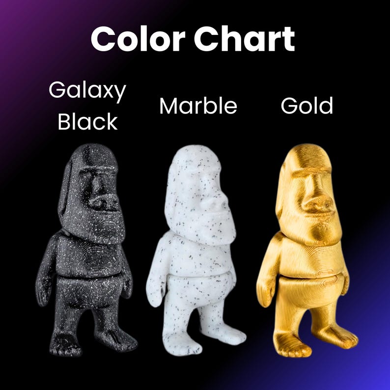 May include: Color chart showing three different color options for a small statue: Galaxy Black, Marble, and Gold. Each statue is a stylized human figure with a large head and a small body.