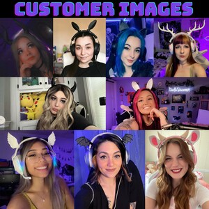May include: A collage of images featuring various gaming headsets adorned with decorative accessories. The accessories include devil horns, bunny ears, deer antlers, bat wings, and cow horns. The text "CUSTOMER IMAGES" is at the top.