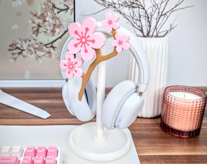 Sakura Headphone Stand, Cherry Blossom Headset Holder, Cute Desk Accessories, Flower Gaming Decor, Cozy Desk Setup