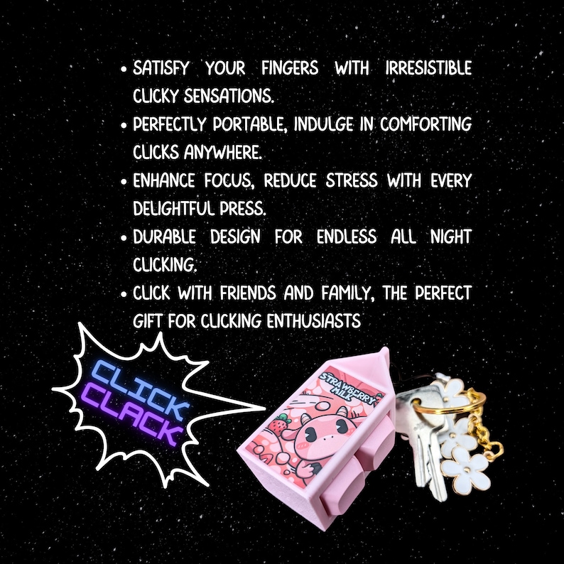 May include: Pink plastic keychain shaped like a milk carton with a cartoon strawberry on it. The carton says "Strawberry Milk" on the front. The keychain has a gold metal ring and a white flower charm.