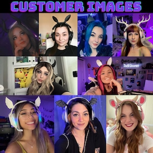 May include: The image showcases a collection of gaming headsets adorned with various decorative elements. These include devil horns, bunny ears, deer antlers, bat wings, and cow horns. The text "CUSTOMER IMAGES" is displayed at the top.