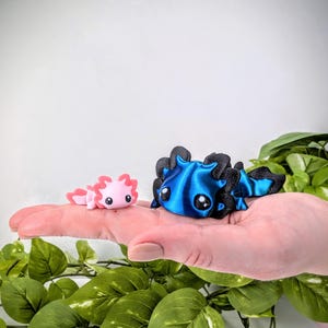 May include: Two small axolotl figurines, one pink and one blue, are sitting on a hand. The pink axolotl has a small, curled tail. The blue axolotl has a larger, straight tail. Both axolotls have large, black eyes.