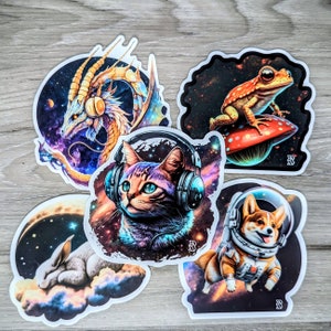 Space Stickers - Vinyl Sticker Set - Space Cat, Frog and Mushroom UFO, Dragon, Corgi Astronaut Dog, Bunny Sticker