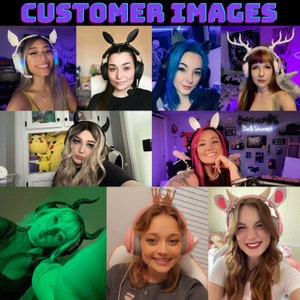 May include: A collage of eight images featuring different people wearing various colorful headphones with unique designs, including antlers, bunny ears, and devil horns. The headphones are all over-ear and have a microphone.