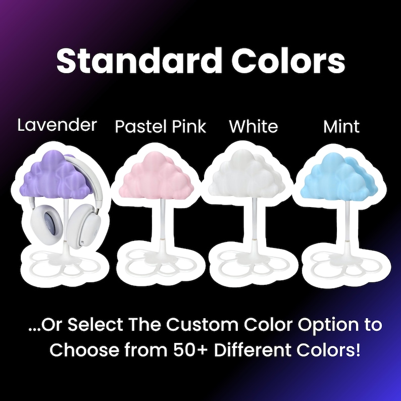 K&ouml;nnte beinhalten: Vier Kopfh&ouml;rerst&auml;nder in Wolkenform, jeder in einer anderen Farbe: Lavendel, Pastellrosa, Wei&szlig; und Mint. Der Text "Standard Colors" befindet sich oben im Bild. Der Text "...Oder w&auml;hlen Sie die benutzerdefinierte Farboption, um aus &uuml;ber 50 verschiedenen Farben zu w&auml;hlen!" befindet sich unten im Bild.