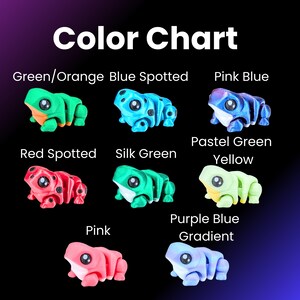 May include: A color chart displays toy frogs in various colors, including green, blue, pink, red, and yellow. The text "Color Chart" is at the top. Each frog has a unique color combination, such as "Green/Orange" and "Purple Blue Gradient."