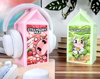 Milk Carton Headphone Stand , Kawaii Pink Desk Accessories , Strawberry Milk Headset Stand, Kawaii Room Decor, PC Desk Setup