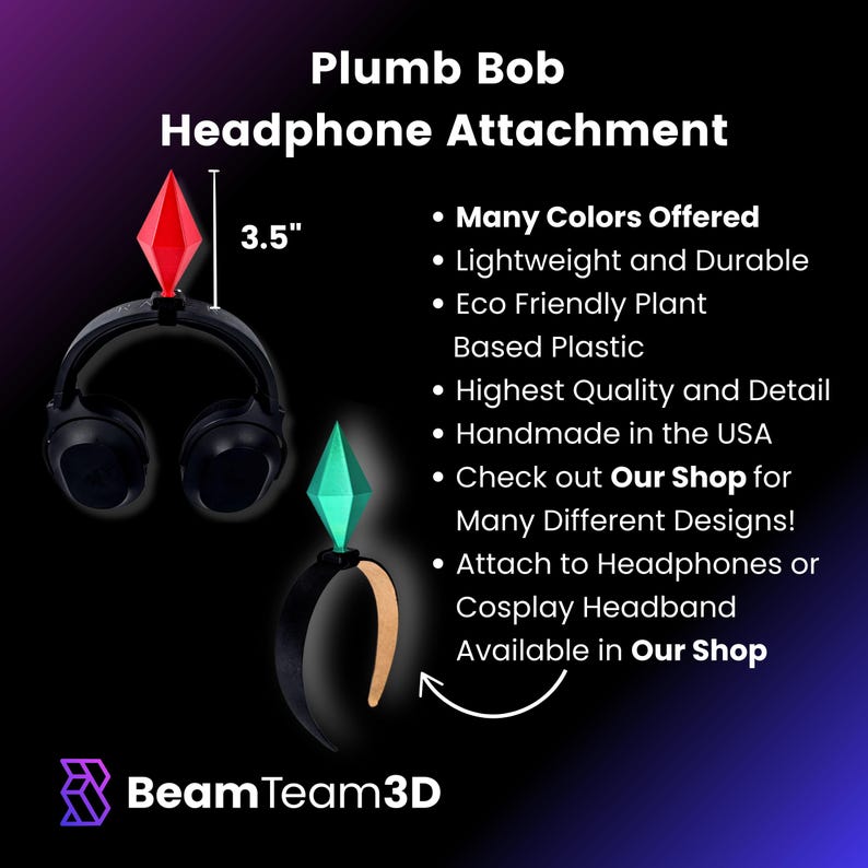 May include: A 3.5 inch red and green plastic plumb bob headphone attachment. The attachment is handmade in the USA and can be attached to headphones or a cosplay headband.  Check out Our Shop for many different designs!