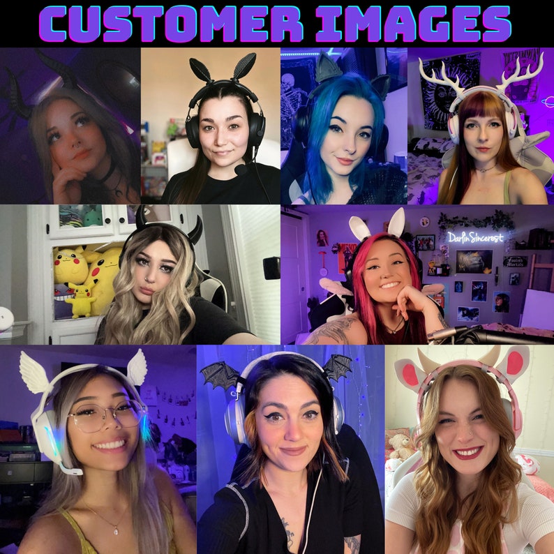 May include: A collage of images featuring people wearing various gaming headsets with different ear decorations, including horns, wings, and antlers. The headsets are white, black, and pink. The people are smiling and looking at the camera.