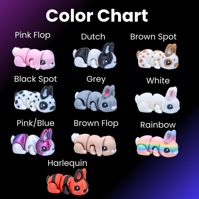 May include: A colour chart showcasing 3D-printed bunny figurines in various colours. The bunnies include pink, black and white spots, grey, white, pink and blue, brown, and rainbow. The text "Color Chart" is at the top of the image.
