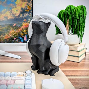 Soporte para auriculares con forma de gato - Soporte para auriculares con forma de gato - Decoración de escritorio kawaii - Escultura de gato
