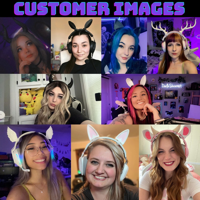 May include: A collage of images featuring people wearing various colorful headphones with animal ear attachments. The headphones have LED lights and are available in a variety of colors and styles.