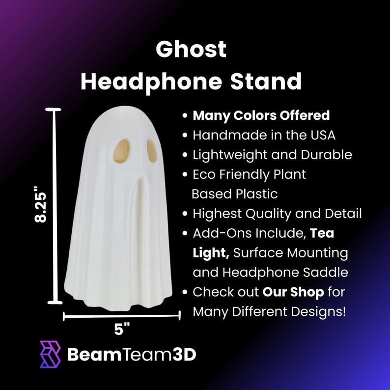 May include: White ghost-shaped headphone stand, 8.25 inches tall and 5 inches wide.  The stand is made of eco-friendly plastic and is handmade in the USA.  It features a light surface mounting and headphone saddle.  The text "Our Shop" is included in the image.