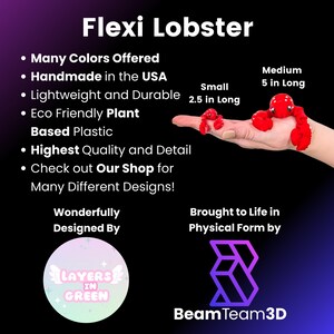 May include: A red, bendable lobster toy made from eco-friendly plant-based plastic. The toy is available in two sizes: 2.5 inches long and 5 inches long. The toy is handmade in the USA and is designed by Layers in Green. The toy is brought to life in physical form by BeamTeam3D.