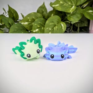 May include: Two small, 3D printed axolotl figurines. One is green with a light green body and the other is blue with a light blue body. Both have black eyes and a cute, cartoonish expression.