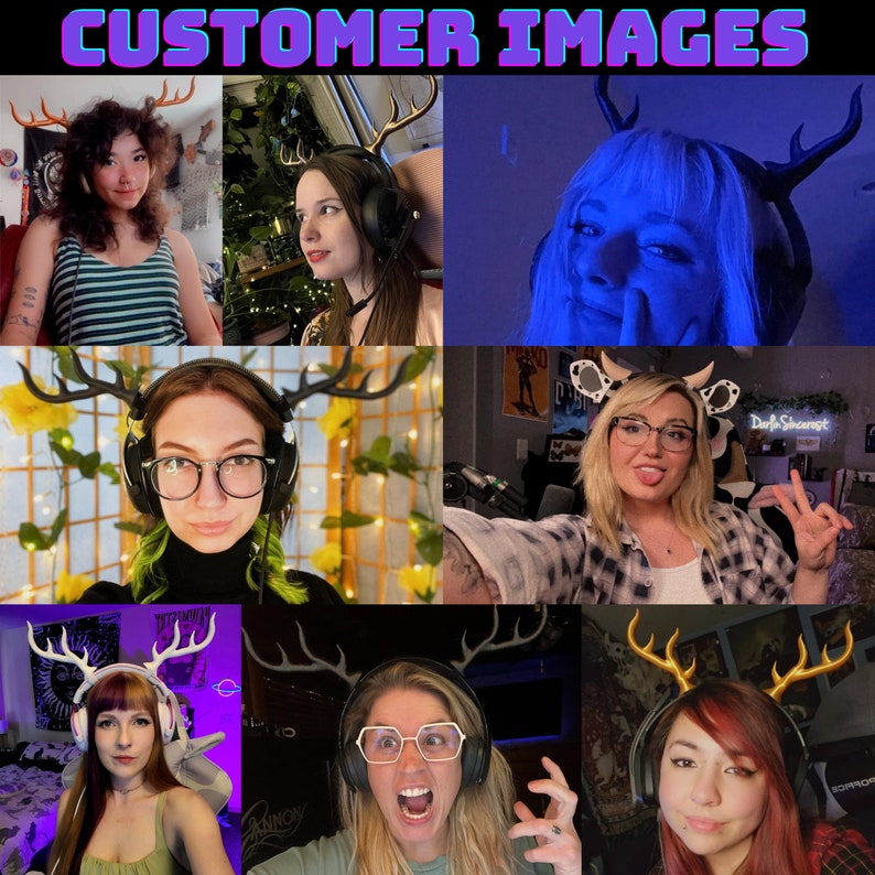 May include: A collage of eight images featuring people wearing various headbands with antlers. The headbands are made of different materials and colors, including gold, silver, and black. Some of the headbands have a cow print design. The people in the images are all smiling and looking at the camera.