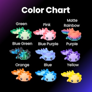 May include: Color chart showing ten different colors of axolotl charms. The colors are green, pink, matte rainbow, blue green, blue purple, purple, orange, blue, yellow, and black.