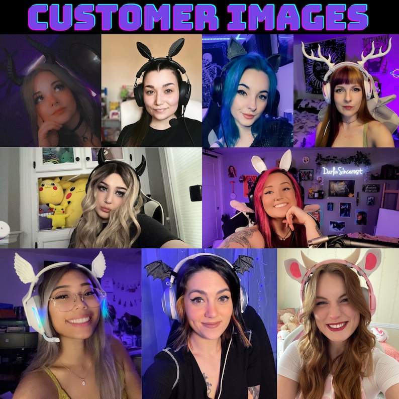 May include: A collage of images featuring people wearing various gaming headsets with different ear decorations, including horns, antlers, and wings. The headsets are white, black, and pink. The people are smiling and looking at the camera.