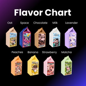 May include: A flavor chart for a milk carton toy collection. The chart shows 10 different flavors, each with a unique cartoon cow design. The flavors are: Oat Milk, Space Milk, Chocolate Milk, Milk, Lavender Milk, Peaches and Cream, Banana Milk, Strawberry Milk, and Matcha Latte.