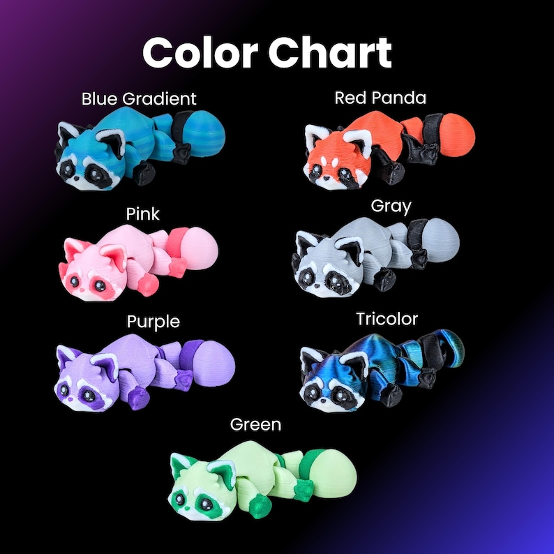 May include: Color chart showing ten different colored raccoon figurines. The colors are blue gradient, red panda, pink, gray, purple, tricolor, green, orange, yellow, and brown.