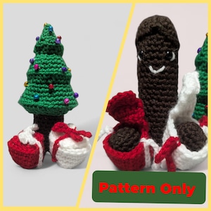 May include: Crochet pattern for a Christmas tree, a brown poop emoji, and two presents. The presents are red and white with a white bow. The poop emoji is smiling and has eyes. The Christmas tree is green and has red and green ornaments. The pattern is for a crocheted toy.