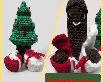 May include: Crochet pattern for a Christmas tree, a brown poop emoji, and two presents. The presents are red and white with a white bow. The poop emoji is smiling and has eyes. The Christmas tree is green and has red and green ornaments. The pattern is for a crocheted toy.