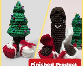 May include: A crocheted Christmas tree with red and white ornaments, a crocheted brown figure with a smiling face, and two crocheted presents with red and white bows. The figure is holding the presents in its hands. The text "Finished Product" is printed in red on a white background.