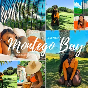 May include: A collage of photos featuring a woman in various poses in a tropical setting. The photos are arranged in a grid pattern and feature a variety of colors, including orange, yellow, and green. The text "Montego Bay" is superimposed over the photos.