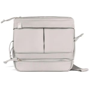 May include: A light gray, rectangular backpack with a zippered bottom compartment and two front pockets. The bag has adjustable straps and a small logo on the top. The design is minimalist and modern, suitable for everyday use.