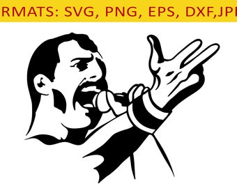 May include: Black and white silhouette of a person singing into a microphone with their hand raised in the air.