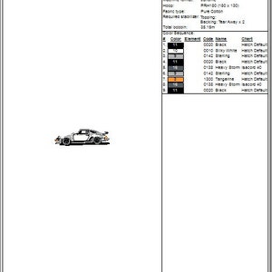 May include: Design worksheet for a Porsche turbo 5x7 embroidery design. The image includes a small illustration of the car, along with design specifications such as height (5.33 cm), width (16.97 cm), and color sequence details.