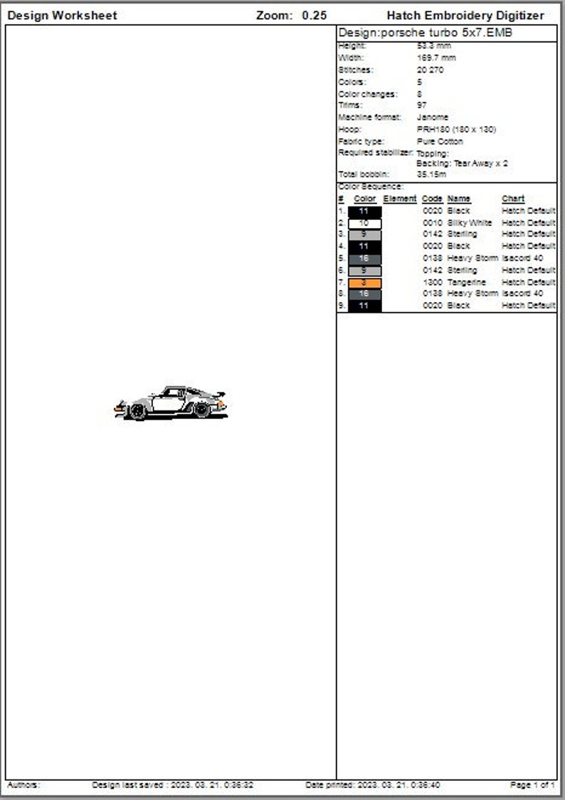 May include: Design worksheet for a Porsche turbo 5x7 embroidery design. The image includes a small illustration of the car, along with design specifications such as height (5.33 cm), width (16.97 cm), and color sequence details.