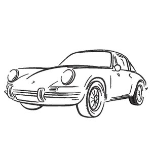 May include: A black and white line drawing of a classic car, possibly a Porsche 911, viewed from the front. The car has a rounded front end with a prominent grille and headlights.