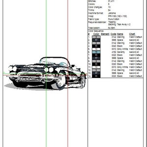 May include: A black and white digital embroidery design of a Chevrolet Corvette C1. The design is 72.9 mm high and 176.5 mm wide. It uses 5 colours and 31,411 stitches. The design is for a 5x7 hoop and requires a topping stabiliser and tear away backing.