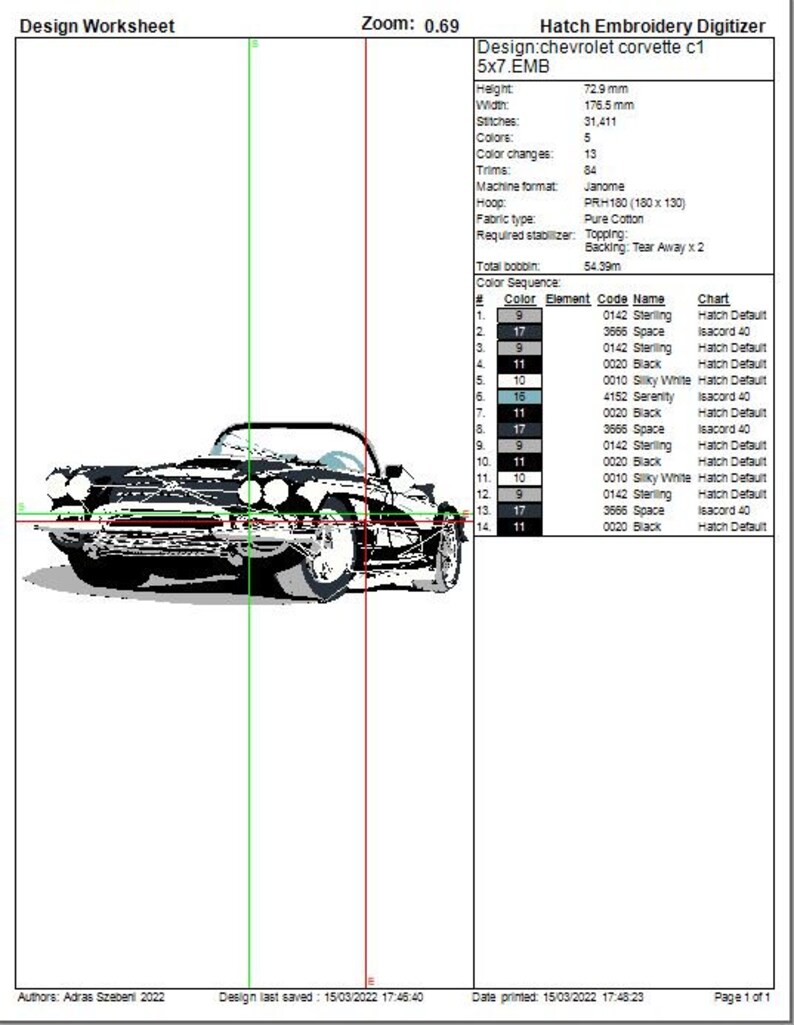 May include: A black and white digital embroidery design of a Chevrolet Corvette C1. The design is 72.9 mm high and 176.5 mm wide. It uses 5 colours and 31,411 stitches. The design is for a 5x7 hoop and requires a topping stabiliser and tear away backing.