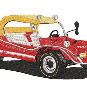 Puede incluir: Un buggy de dunas rojo con una capota de lona amarilla y ruedas negras. El buggy tiene un interior blanco y la palabra "PUMA" está impresa en el lateral.