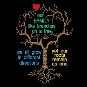 Embroidery machine files, tree with family quote embroidery design, instant download, 3 sizes.