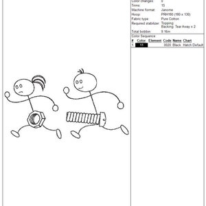 K&ouml;nnte beinhalten: Ein Stickdesign-Arbeitsblatt mit zwei Strichm&auml;nnchen, eines mit einer Mutter und das andere mit einer Schraube, in Bewegung. Das Design tr&auml;gt den Titel "chase 5x7.EMB" und enth&auml;lt technische Spezifikationen, mit einer H&ouml;he von 99.8 mm und einer Breite von 175.9 mm.