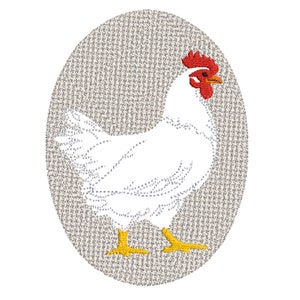 May include: White chicken with a red comb and yellow feet, embroidered on a gray oval background.