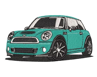 May include: A teal blue Mini Cooper car with black accents and a black grill. The car has a black interior and black wheels.