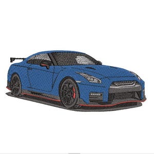 May include: A blue and black sports car with a red stripe along the bottom. The car has a large spoiler on the back and a black front bumper.