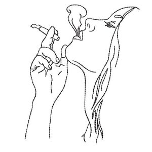 Puede incluir: Dibujo de línea de una persona fumando un cigarrillo. La persona está representada de perfil, con el pelo cayendo por la espalda. El cigarrillo se sostiene en la mano derecha y sale humo de él.