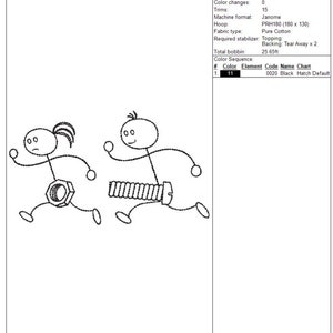 K&ouml;nnte beinhalten: Schwarz-wei&szlig;e Strichzeichnung von zwei laufenden Strichm&auml;nnchen. Eine Figur ist an einer Mutter befestigt, die andere an einer Schraube. Das Design tr&auml;gt die Bezeichnung "chase 3.5x6.EMB" und ist 8,53 cm hoch und 15,06 cm breit.