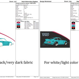 May include: A digital embroidery design for a Porsche 911 Carrera with the year 1989 printed above it. The design is shown in two versions, one for black fabric and one for white fabric. The design includes 6 colors and 31,400 stitches.