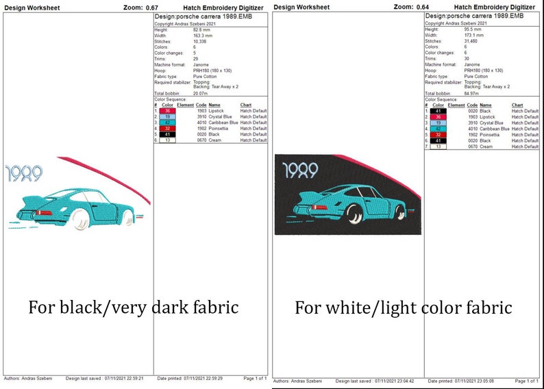 May include: A digital embroidery design for a Porsche 911 Carrera with the year 1989 printed above it. The design is shown in two versions, one for black fabric and one for white fabric. The design includes 6 colors and 31,400 stitches.